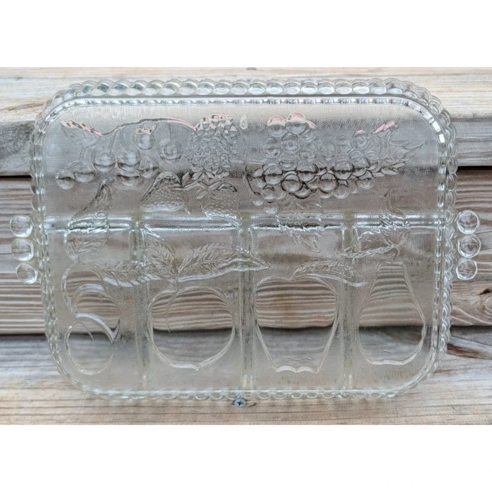 Indiana Glass Clear Divided Serving Relish Tray Fruit Pattern Handles 9